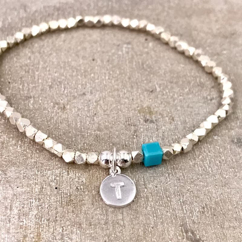 純銀 菱形銀珠 藍色施華洛水晶 S925 自選字母手鍊