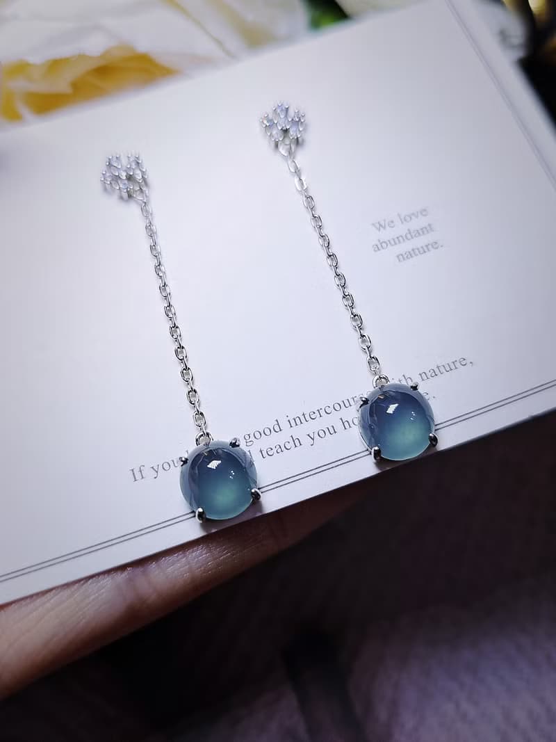 |高貴女神|A貨翡翠冰玻海藍之謎起膠大蛋面8.2mm純銀鍍18k耳環