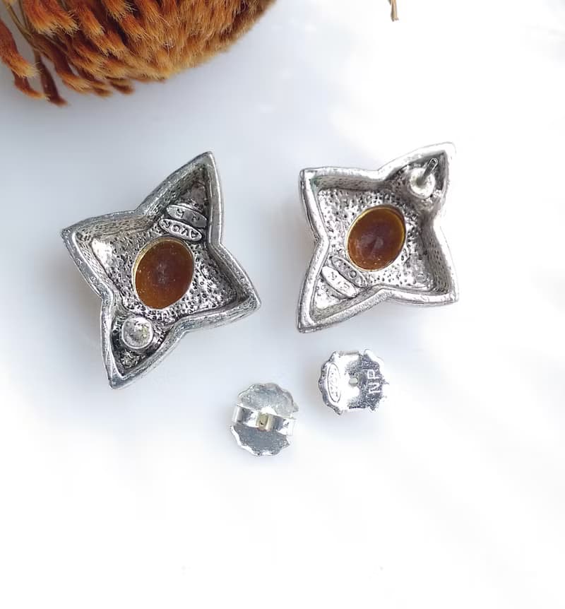 Vintage Jewelry 西洋古董飾品 AVON 立體十字星 冷色調 針式耳環