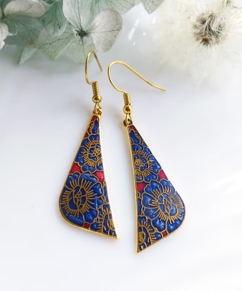 Vintage Jewelry 西洋古董飾品 景泰藍 紫底花卉 耳勾 針式耳環