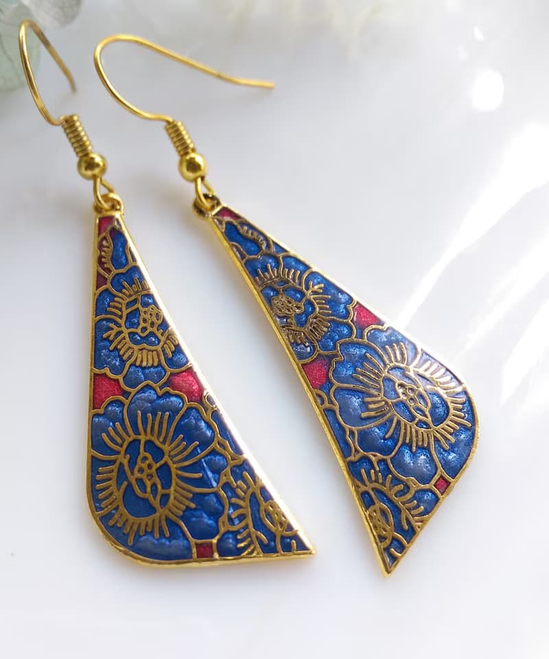 Vintage Jewelry 西洋古董飾品 景泰藍 紫底花卉 耳勾 針式耳環