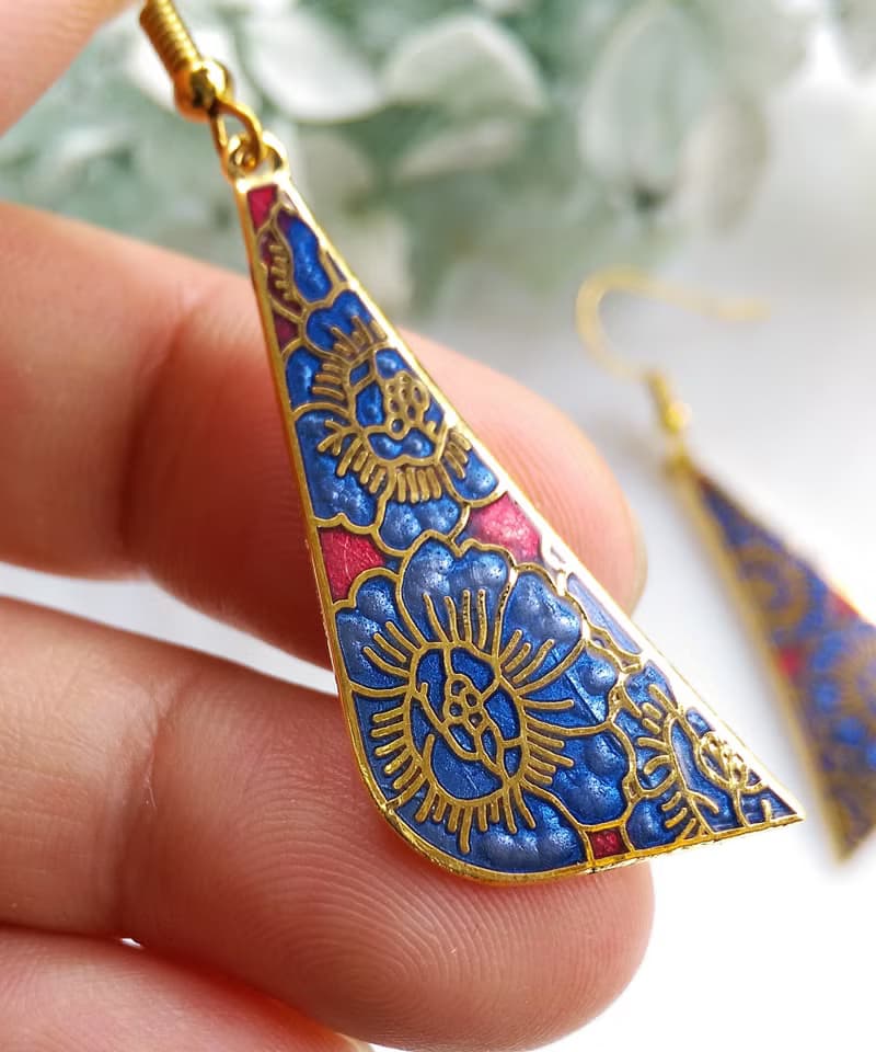 Vintage Jewelry 西洋古董飾品 景泰藍 紫底花卉 耳勾 針式耳環