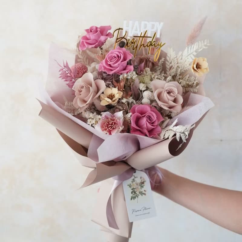 永生玫瑰花束－奶茶粉紅