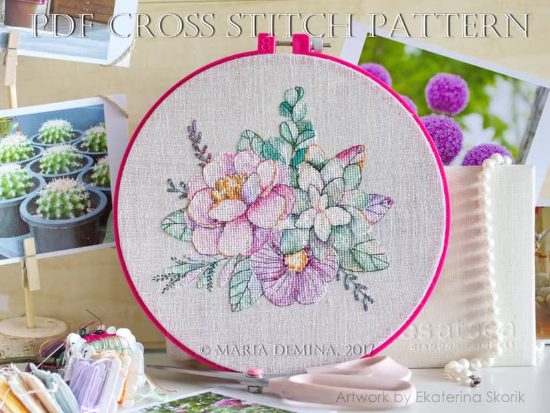 【數位】Floral Bouquet With Succulent PDF cross stitch pattern