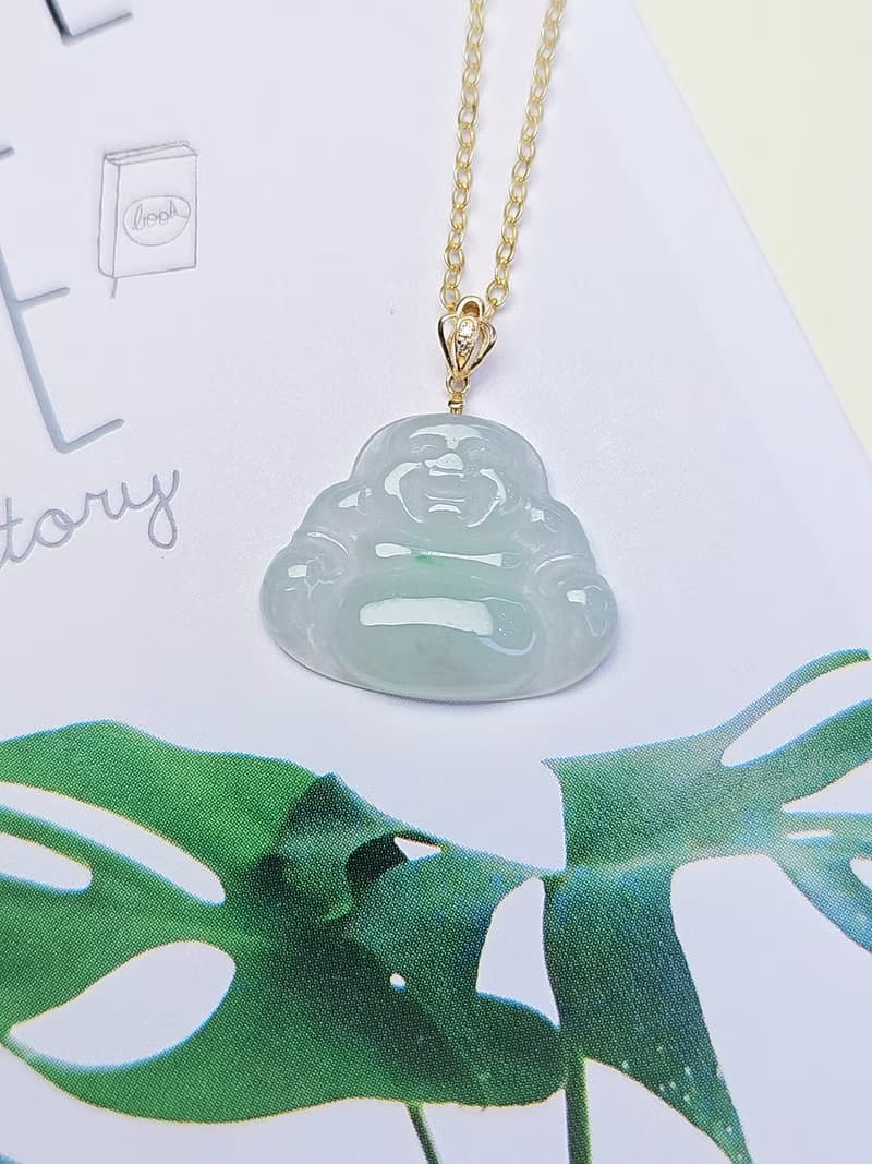 招財|18k金冰晴飄翠佛公|緬甸翡翠糯冰晴小佛公18mm18k真鑽吊墜