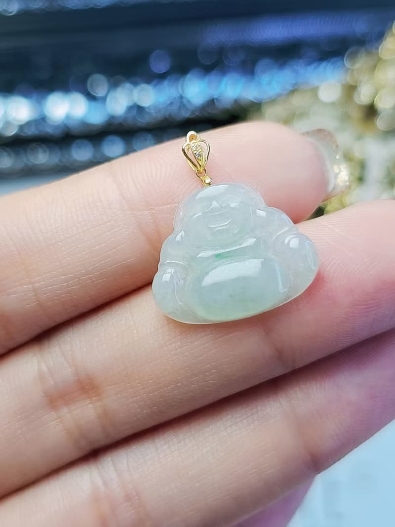招財|18k金冰晴飄翠佛公|緬甸翡翠糯冰晴小佛公18mm18k真鑽吊墜