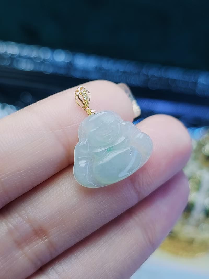 招財|18k金冰晴飄翠佛公|緬甸翡翠糯冰晴小佛公18mm18k真鑽吊墜