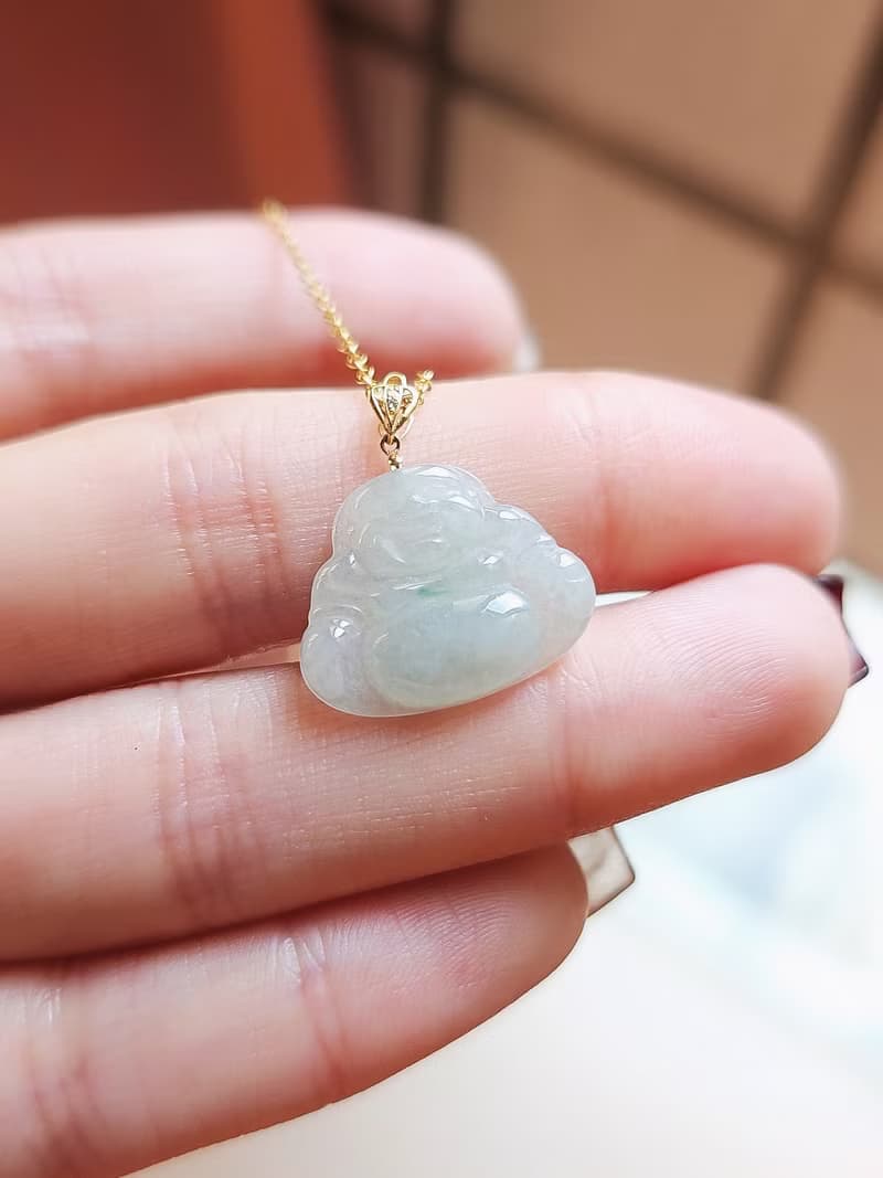 招財|18k金冰晴飄翠佛公|緬甸翡翠糯冰晴小佛公18mm18k真鑽吊墜