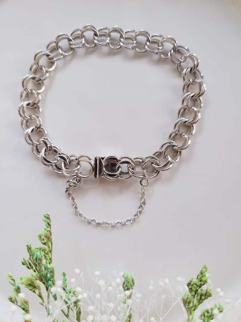 美國西洋古董飾品/ 純銀STERLING雙圈銜接安全鏈扣手鍊