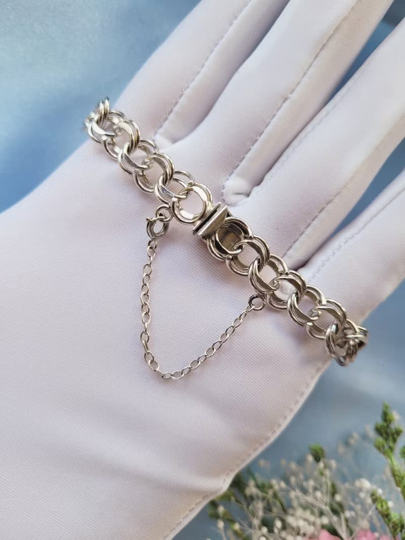 美國西洋古董飾品/ 純銀STERLING雙圈銜接安全鏈扣手鍊