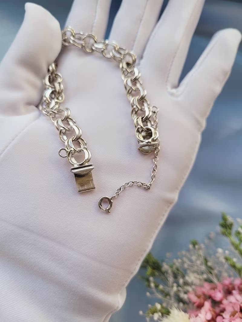 美國西洋古董飾品/ 純銀STERLING雙圈銜接安全鏈扣手鍊