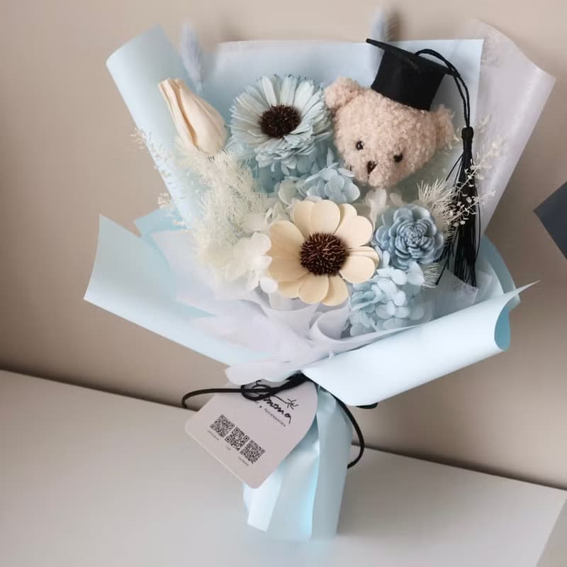 畢業熊花束 水藍太陽花花束 向日葵 生日 週年 畢業禮物 老師禮物