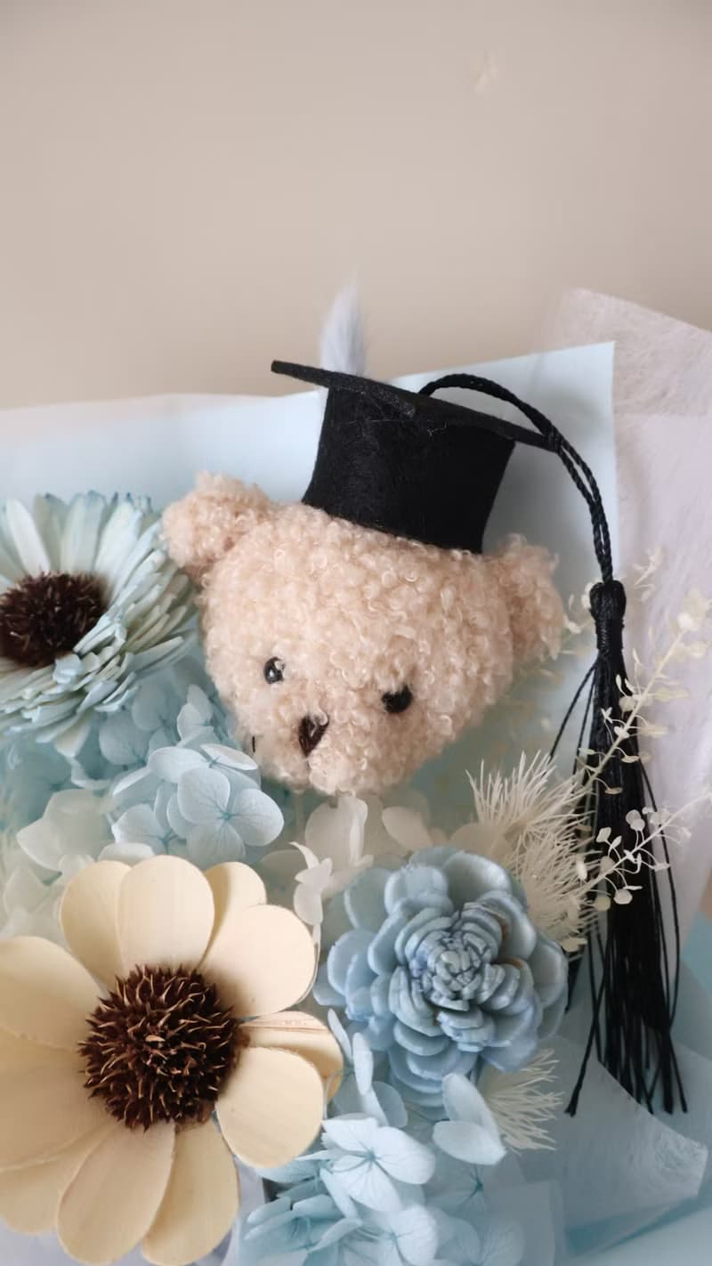 畢業熊花束 水藍太陽花花束 向日葵 生日 週年 畢業禮物 老師禮物