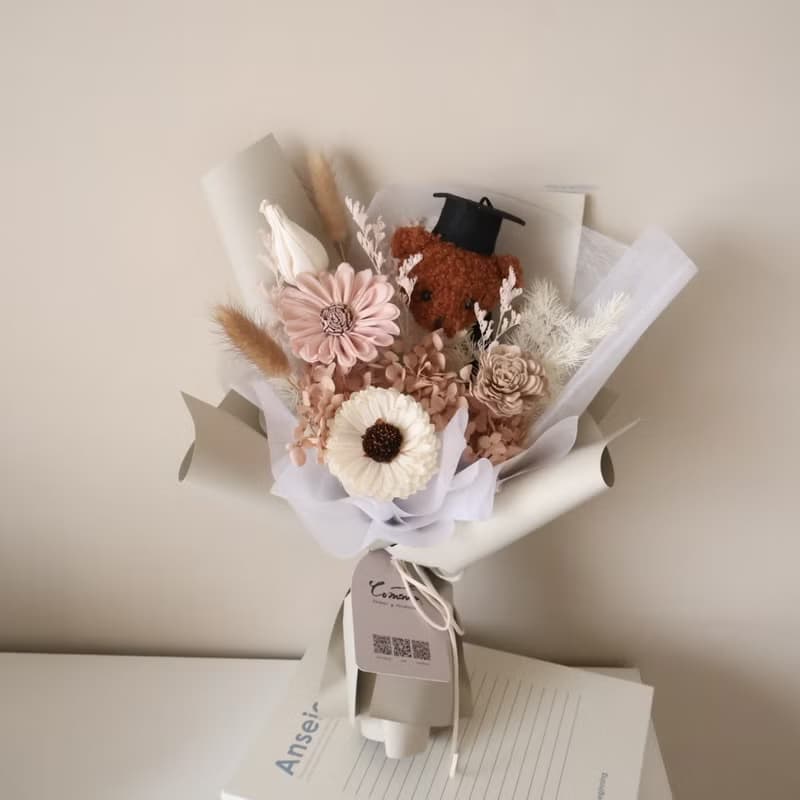 畢業熊花束 水藍太陽花花束 向日葵 生日 週年 畢業禮物 老師禮物