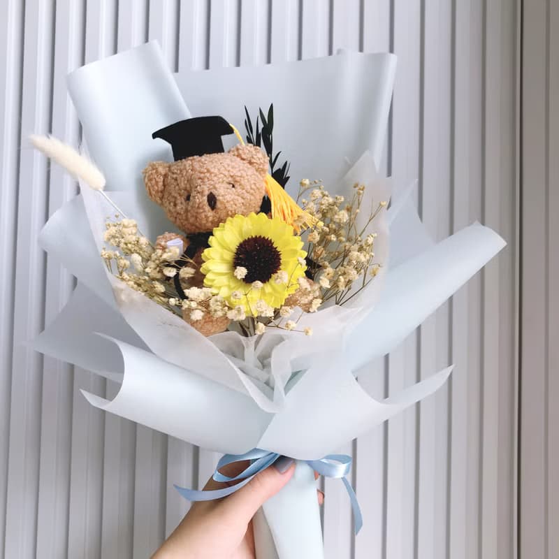 畢業花束-向日葵大型熊熊花束。乾燥花束。向日葵花束。生日花束