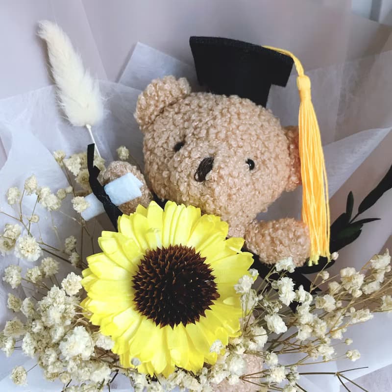 畢業花束-向日葵大型熊熊花束。乾燥花束。向日葵花束。生日花束