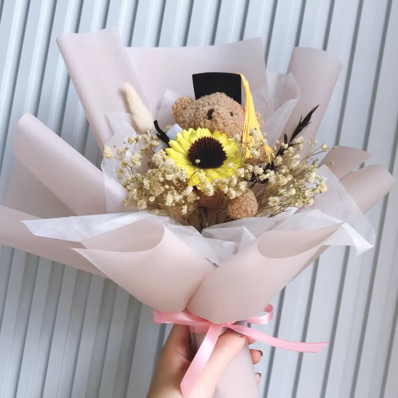 畢業花束-向日葵大型熊熊花束。乾燥花束。向日葵花束。生日花束