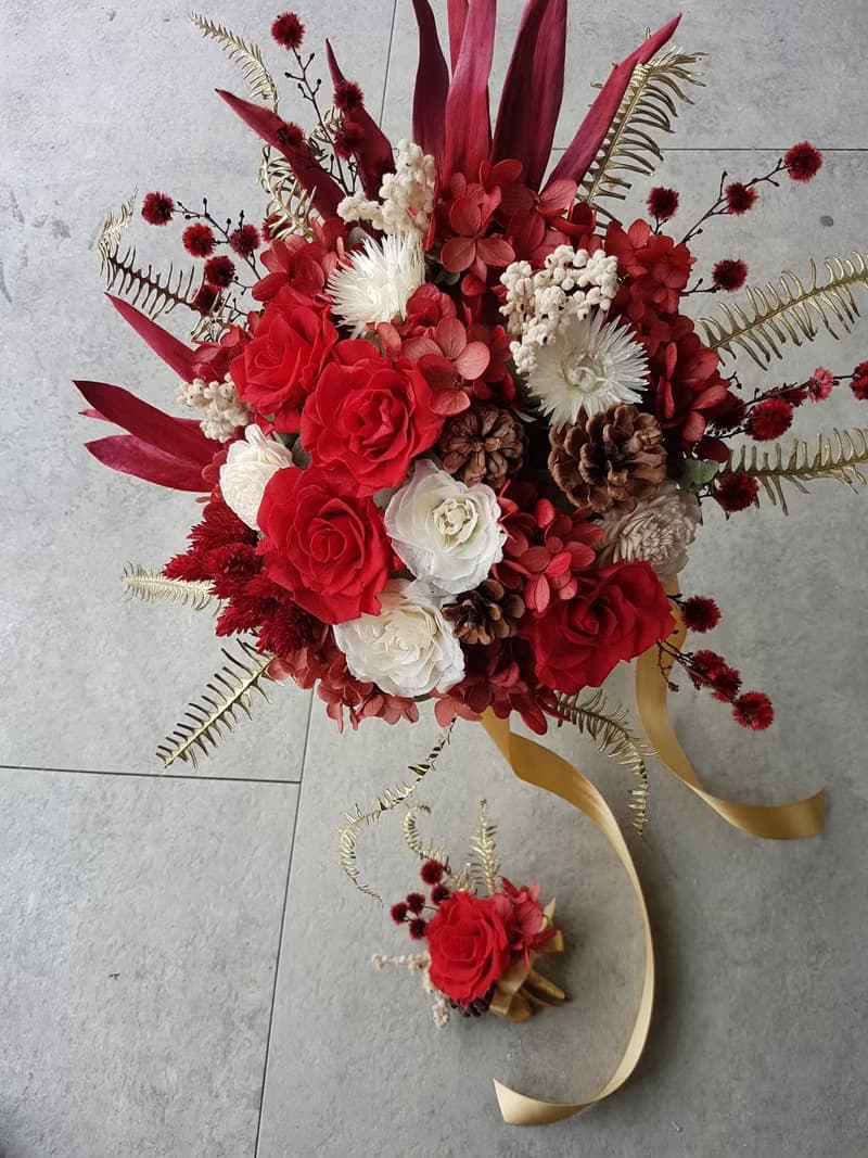 海藏設計│優雅莊園。紅玫約瑟芬乾燥捧花/不凋花捧花