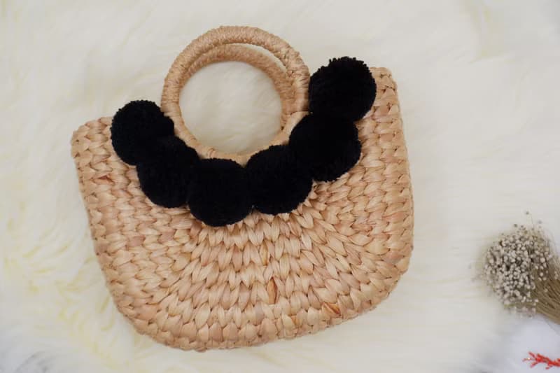Woven bag with pom poms, handbag, wedding gift bag for the beach women's handbags