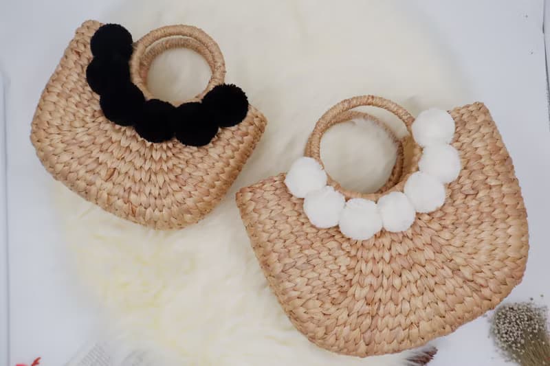Woven bag with pom poms, handbag, wedding gift bag for the beach women's handbags