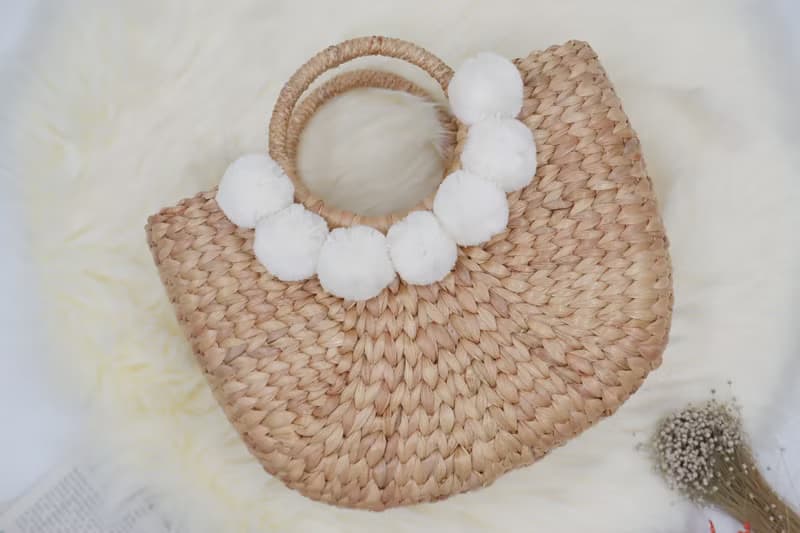 Woven bag with pom poms, handbag, wedding gift bag for the beach women's handbags