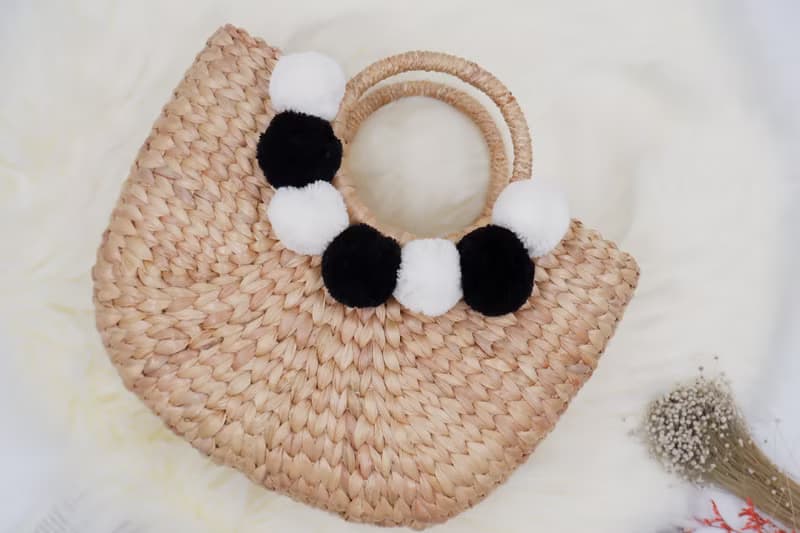 Woven bag with pom poms, handbag, wedding gift bag for the beach women's handbags