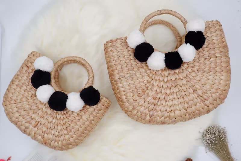 Woven bag with pom poms, handbag, wedding gift bag for the beach women's handbags