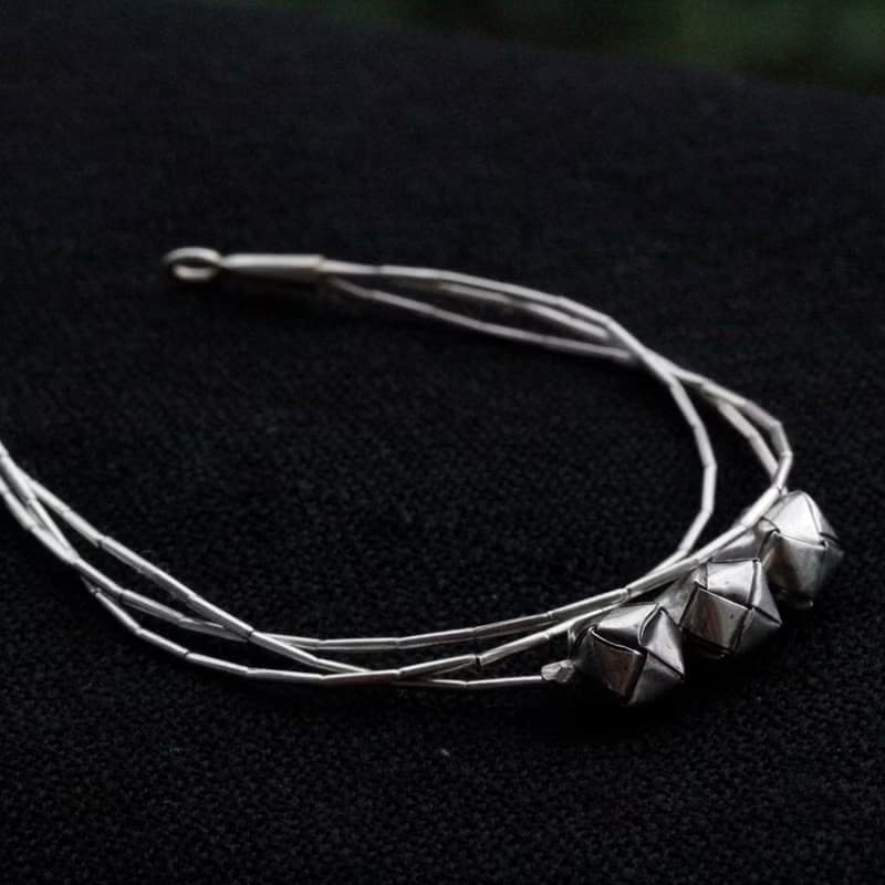 Handmade Silver Bracelet with Woven Silver Cubes (B0006)