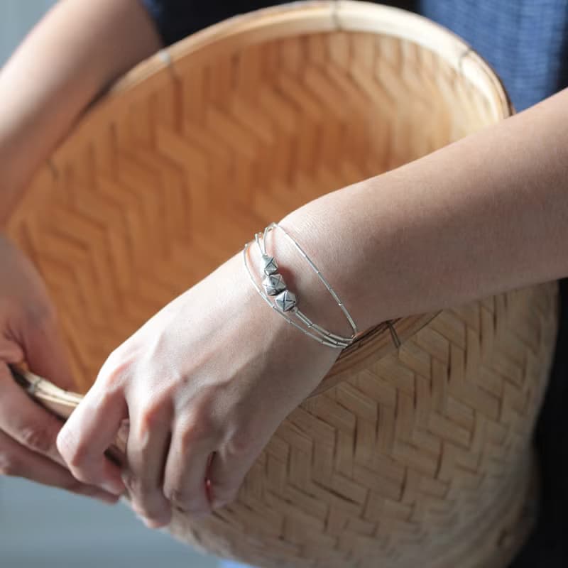 Handmade Silver Bracelet with Woven Silver Cubes (B0006)