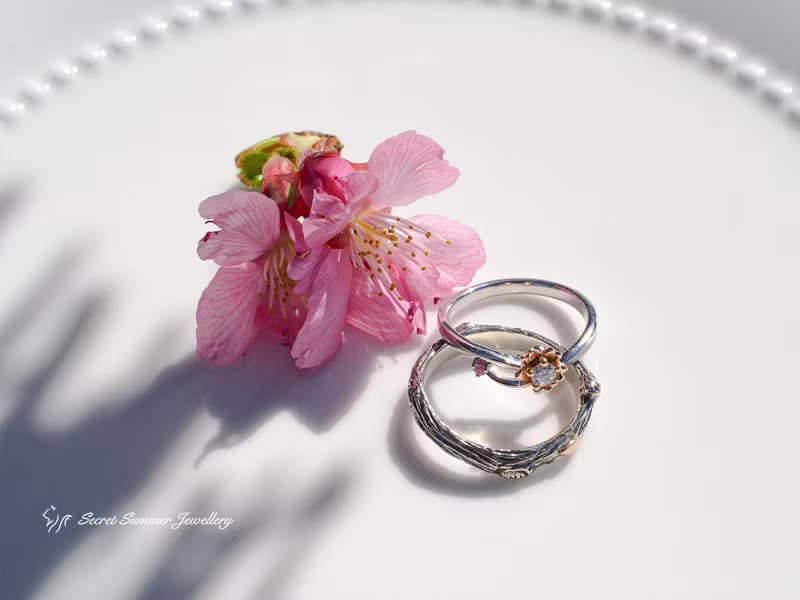 手工925純銀+14K金x施華洛世奇【櫻花】10分鑽戒