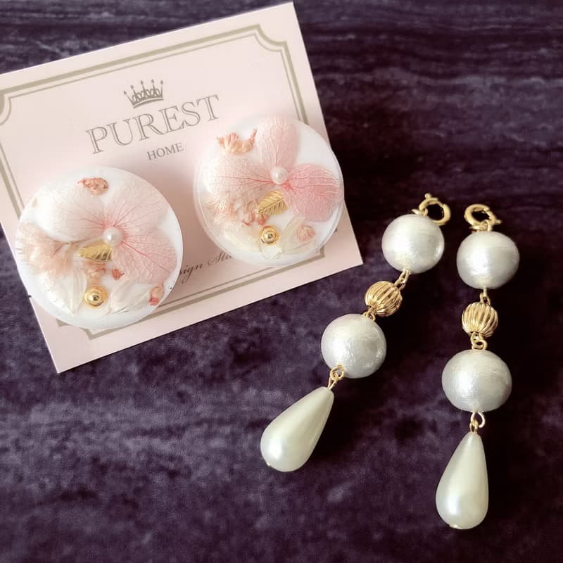 PUREST HOME 典雅女神の棉珍珠不凋花(可拆式)垂墜耳環/附禮盒