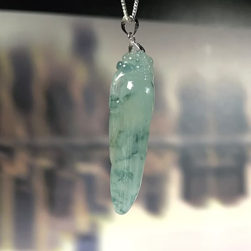 冰種飄藍花翡翠人蔘項鍊 14K金墜頭 | 天然緬甸玉翡翠A貨 | 送禮