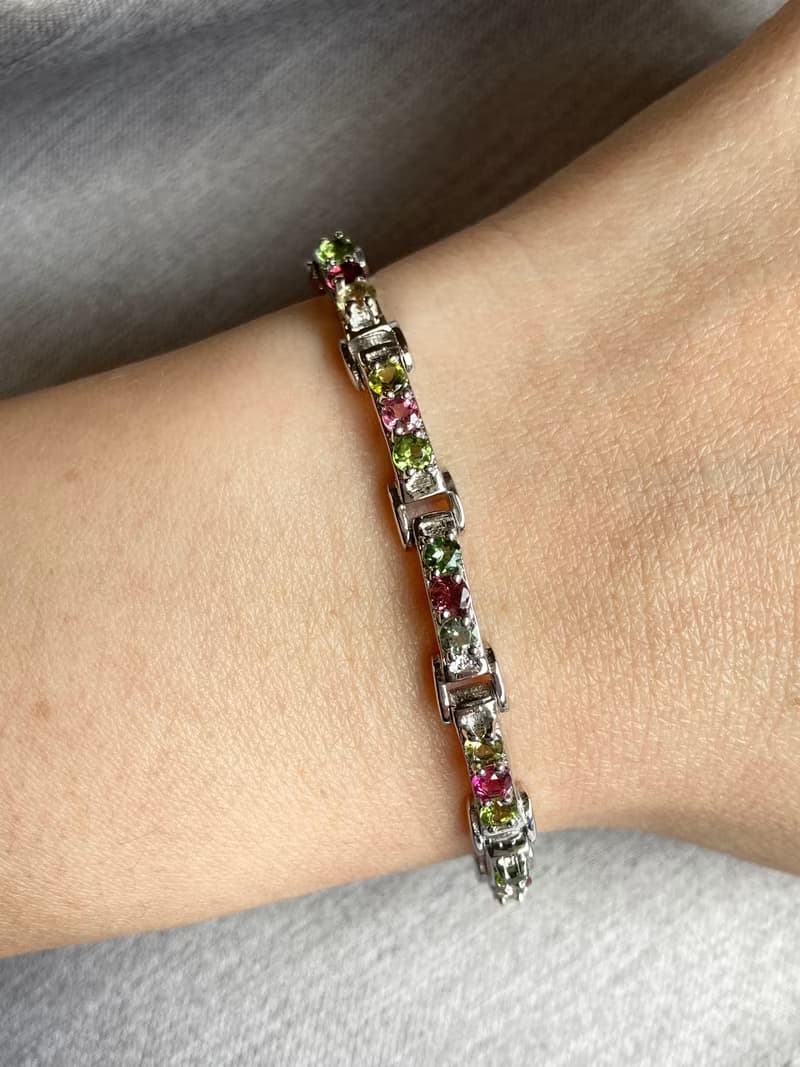 天然 切面 圓碧璽 手鍊 印度製 925純銀