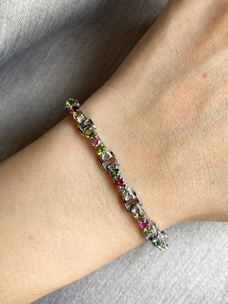 天然 切面 圓碧璽 手鍊 印度製 925純銀