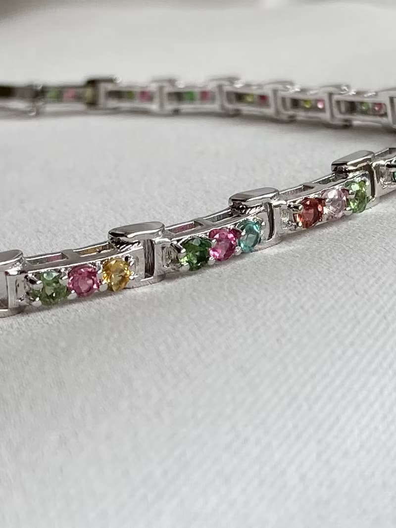 天然 切面 圓碧璽 手鍊 印度製 925純銀