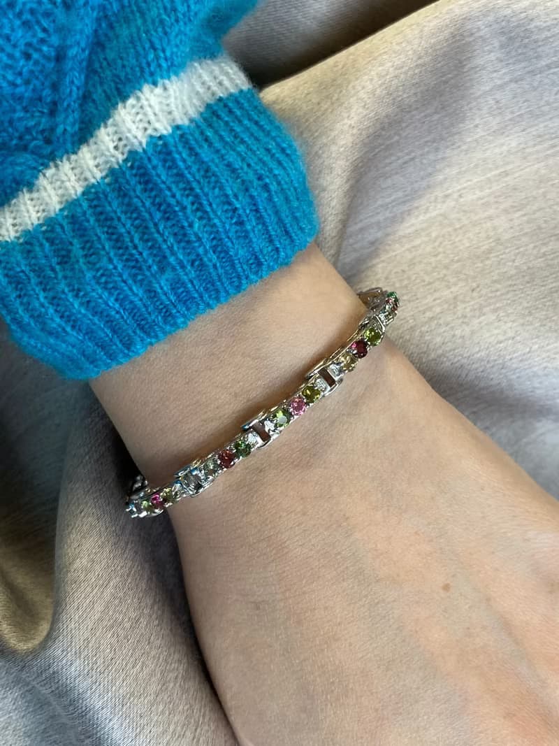 天然 切面 圓碧璽 手鍊 印度製 925純銀