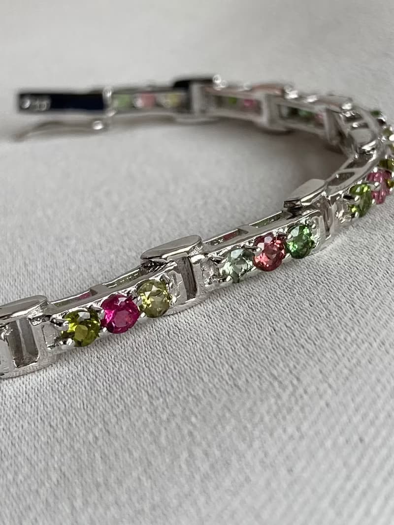 天然 切面 圓碧璽 手鍊 印度製 925純銀