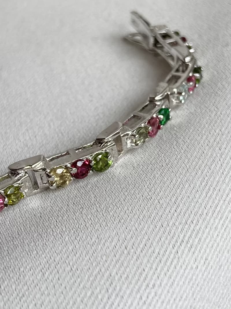 天然 切面 圓碧璽 手鍊 印度製 925純銀