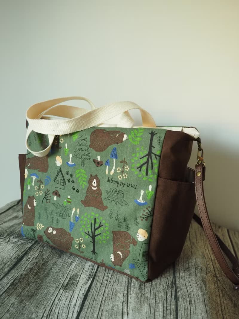 原創手工縫製托特側肩包帆布包 簡約北歐黑熊圖案 可側背手挽