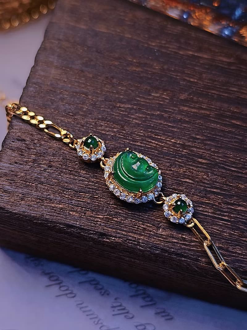 |順心如意|A貨翡翠冰綠如意8.8mm純銀鍍18k黃多顆Ab款手鏈