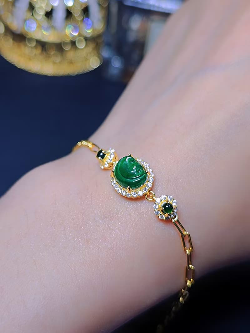 |順心如意|A貨翡翠冰綠如意8.8mm純銀鍍18k黃多顆Ab款手鏈