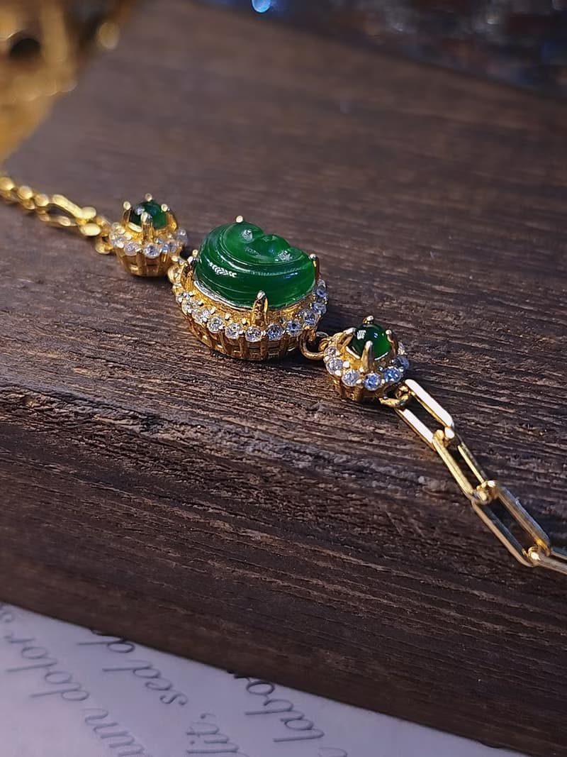 |順心如意|A貨翡翠冰綠如意8.8mm純銀鍍18k黃多顆Ab款手鏈