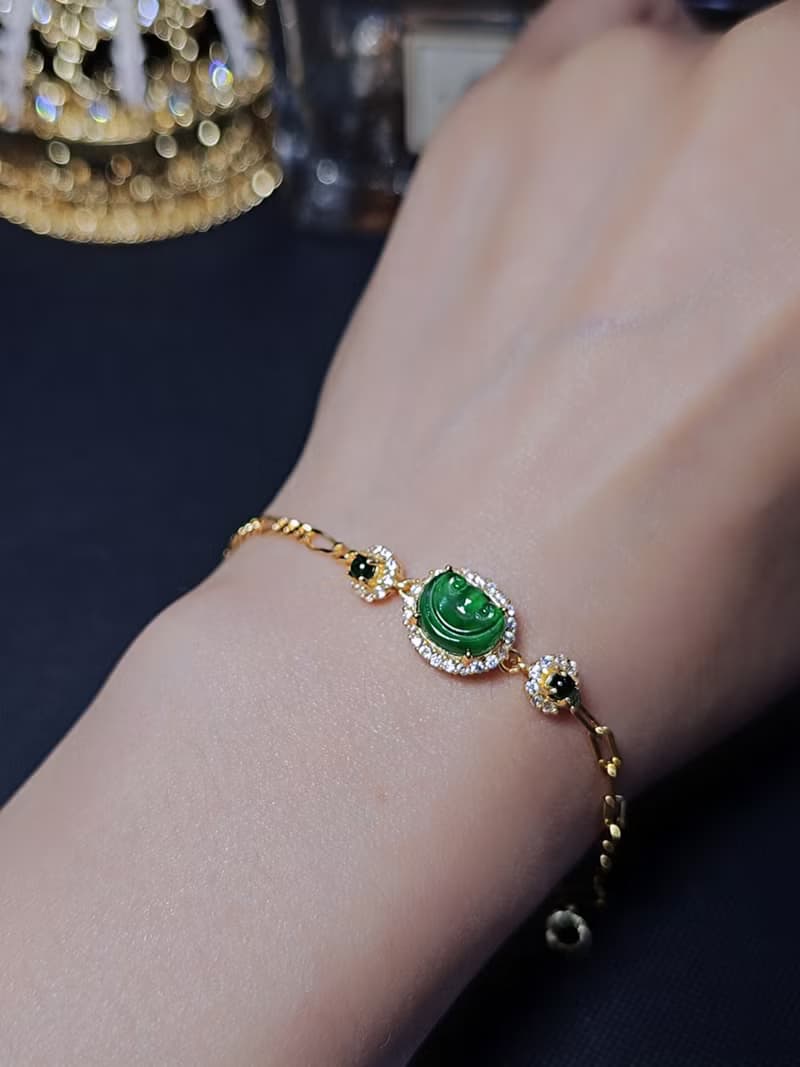 |順心如意|A貨翡翠冰綠如意8.8mm純銀鍍18k黃多顆Ab款手鏈