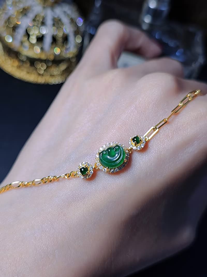 |順心如意|A貨翡翠冰綠如意8.8mm純銀鍍18k黃多顆Ab款手鏈