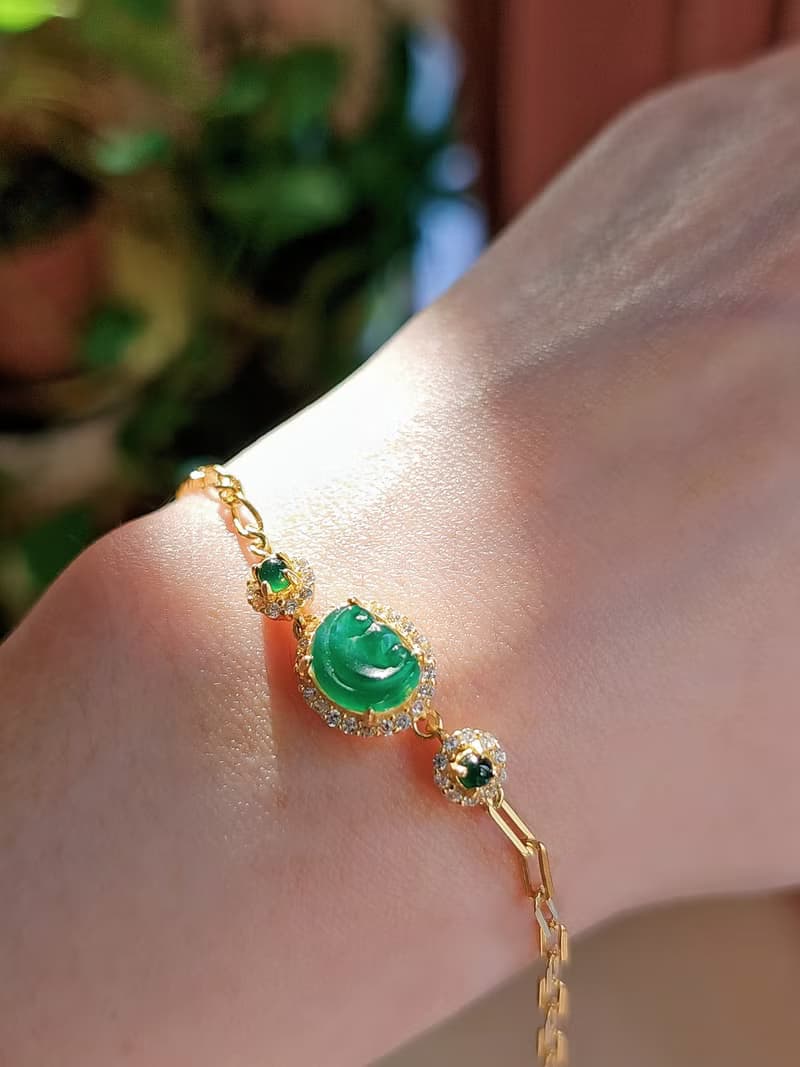 |順心如意|A貨翡翠冰綠如意8.8mm純銀鍍18k黃多顆Ab款手鏈