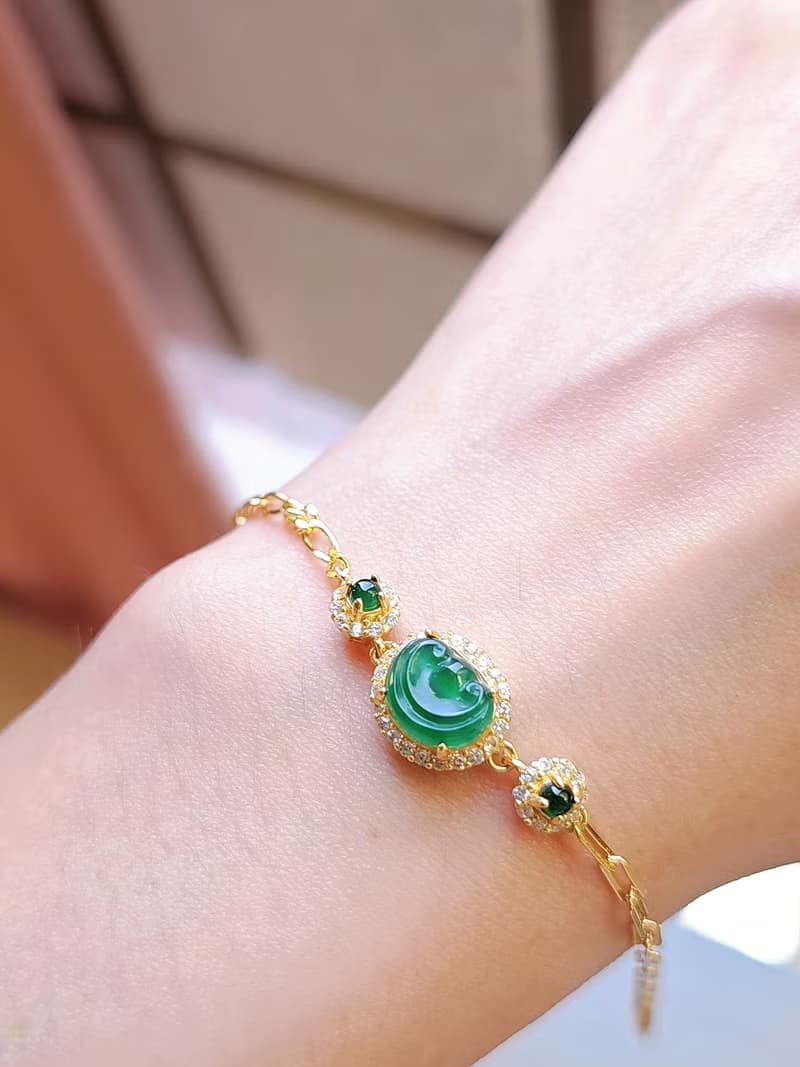 |順心如意|A貨翡翠冰綠如意8.8mm純銀鍍18k黃多顆Ab款手鏈