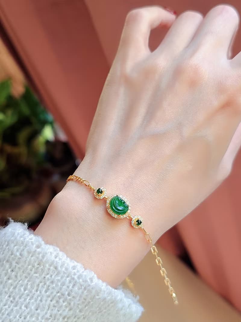 |順心如意|A貨翡翠冰綠如意8.8mm純銀鍍18k黃多顆Ab款手鏈