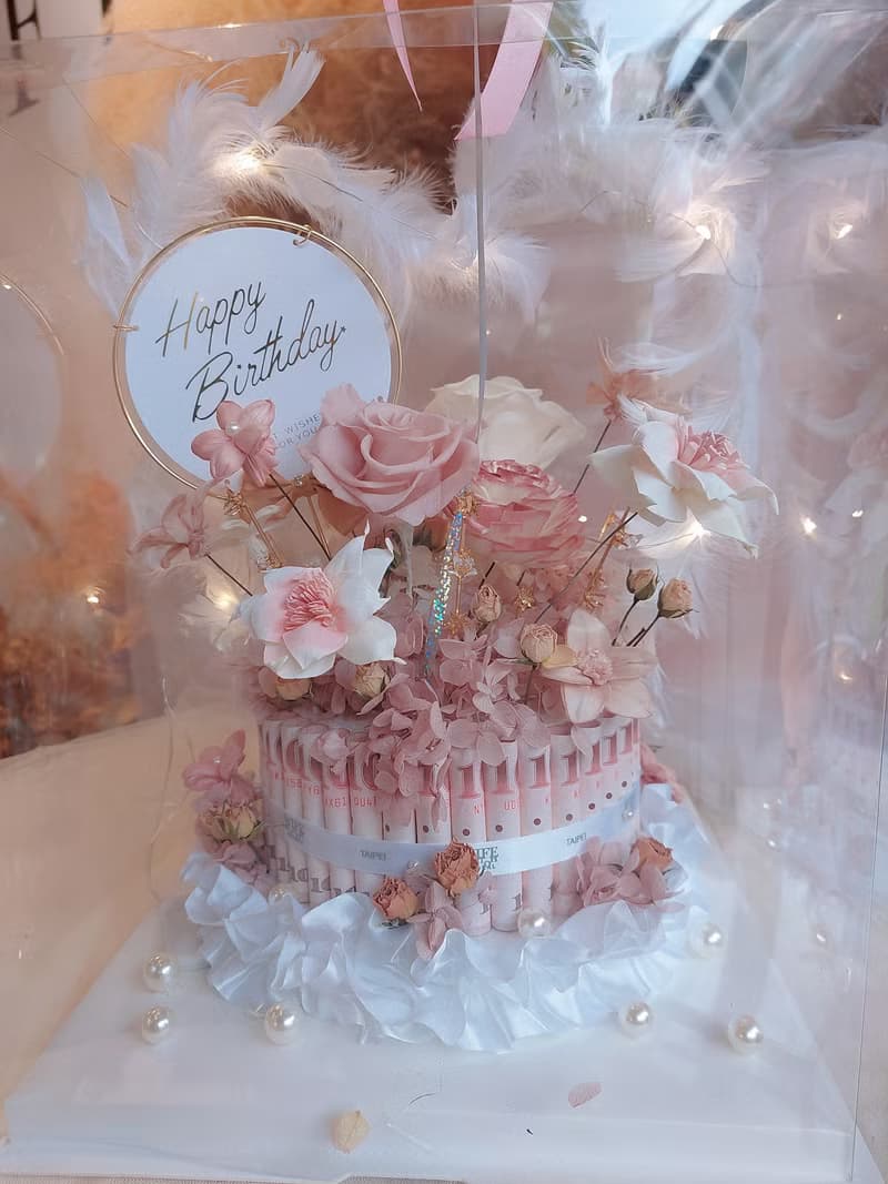 粉紅甜心8吋單層有錢花蛋糕 生日 乾燥花 永生花