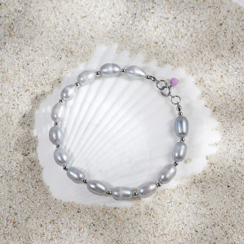 天然灰色米型淡水珍珠紫雲丹吊墜手鍊 銀色水泡扣 7-8mm 簡約時尚