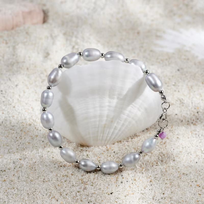 天然灰色米型淡水珍珠紫雲丹吊墜手鍊 銀色水泡扣 7-8mm 簡約時尚